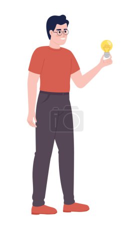 Illustration for Happy man in glasses holding lightbulb semi flat color vector character. Editable concept. Full body person on white. Simple cartoon style spot illustration for web graphic design and animation - Royalty Free Image