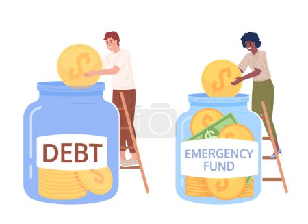 Illustration for Saving cash for future, paying off debts flat concept vector spot illustration set. Editable 2D cartoon characters on white for web design. Creative idea pack for website, mobile. Oxygen font used - Royalty Free Image