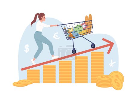 Illustration for Struggling with high grocery prices 2D vector isolated spot illustration. Angry consumer with shopping cart flat character on cartoon background. Colorful editable scene for mobile, website, magazine - Royalty Free Image