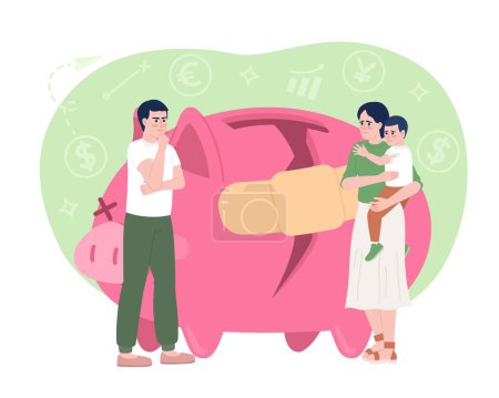 Illustration for Fixing family budget 2D vector isolated spot illustration. Couple with child planning household expenses flat characters on cartoon background. Colorful editable scene for mobile, website, magazine - Royalty Free Image