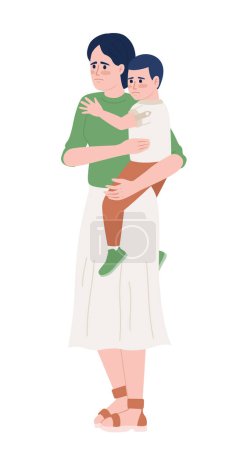Illustration for Woman in anxious mood holding toddler son semi flat color vector characters. Editable figures. Full body people on white. Simple cartoon style spot illustration for web graphic design and animation - Royalty Free Image