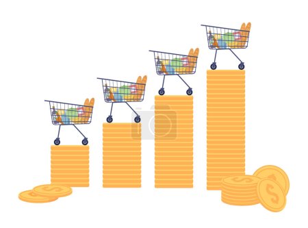 Illustration for Changes in grocery prices flat concept vector spot illustration. Editable 2D cartoon object on white for web design. Shopping carts on coins stack creative idea for website, mobile, magazine - Royalty Free Image
