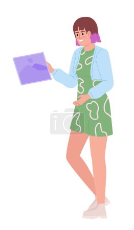 Illustration for Smiling stylish woman holding printed picture semi flat color vector character. Editable figure. Full body person on white. Simple cartoon style spot illustration for web graphic design and animation - Royalty Free Image