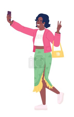 Ilustración de Chica elegante posando para selfie en el personaje de vector de color semi plana smartphone. Figura editable. Persona de cuerpo entero en blanco. Ilustración simple de dibujos animados estilo spot para el diseño gráfico web y la animación - Imagen libre de derechos