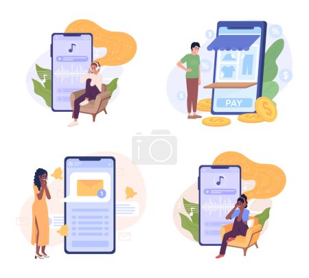 Illustration for Mobile phone users flat concept vector spot illustration set. Editable 2D cartoon characters on white for web design. Smartphone for entertainment creative ideas pack for website, mobile, magazine - Royalty Free Image