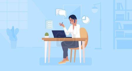 Illustration for Phone sales rep flat color vector illustration. Salesperson making calls to customers. Cellphone salesman. Hero image. Fully editable 2D simple cartoon character with office open space on background - Royalty Free Image