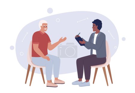 Illustration for Sales representative interacting with customer 2D vector isolated spot illustration. Salesman utilising tablet flat characters on cartoon background. Colorful editable scene for mobile app, website - Royalty Free Image
