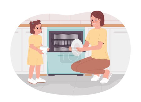 Illustration for Using dishwasher to save water 2D vector isolated spot illustration. Mother with daughter washing plate flat characters on cartoon background. Colorful editable scene for mobile, website, magazine - Royalty Free Image