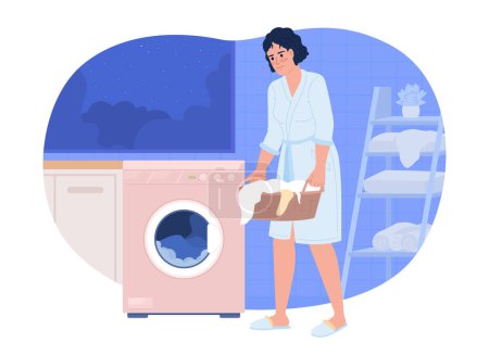 Illustration for Washing clothes at night 2D vector isolated spot illustration. Woman with laundry near washer machine flat character on cartoon background. Colorful editable scene for mobile, website, magazine - Royalty Free Image