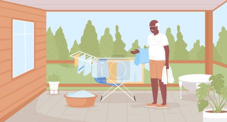 Illustration for Drying towels outside to reduce electricity bills flat color vector illustration. Elderly man with wet clothes. Hero image. Fully editable 2D simple cartoon character with backyard patio on background - Royalty Free Image