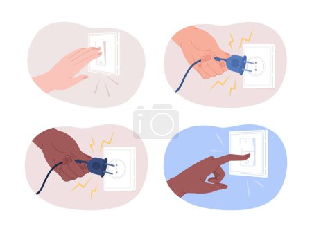 Illustration for Unplug and turn off to save electricity 2D vector isolated spot illustration set. Conservation. Flat character hands on cartoon background. Colorful editable scene pack for mobile, website, magazine - Royalty Free Image