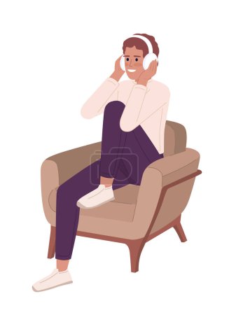 Illustration for Joyful young guy with headphones in armchair semi flat color vector character. Editable figure. Full body person on white. Simple cartoon style spot illustration for web graphic design and animation - Royalty Free Image