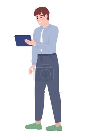 Illustration for Smiling office manager with tablet semi flat color vector character. Editable figure. Full body person on white. Simple cartoon style spot illustration for web graphic design and animation - Royalty Free Image