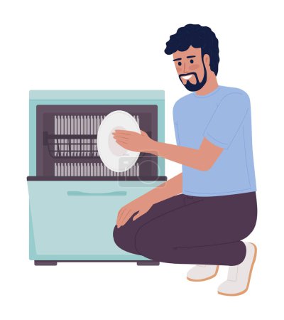 Illustration for Happy man unloading dishwasher machine semi flat color vector character. Editable figure. Full body person on white. Simple cartoon style spot illustration for web graphic design and animation - Royalty Free Image