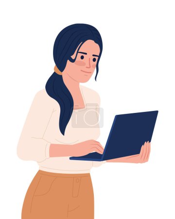 Illustration for Woman with low ponytail holding laptop semi flat color vector character. Editable figure. Half body person on white. Simple cartoon style spot illustration for web graphic design and animation - Royalty Free Image