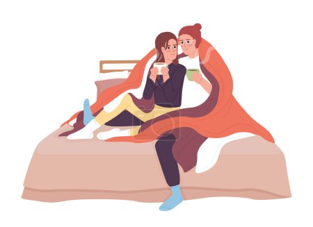 Illustration for Couple with hot drinks cuddling under blanket semi flat color vector characters. Editable figures. Full body people on white. Simple cartoon style spot illustration for web graphic design, animation - Royalty Free Image