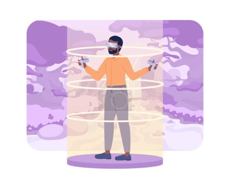Ilustración de VR jugador de juego en el bosque mágico púrpura vector 2D ilustración spot aislado. Simulación de realidad virtual. Personaje plano sobre fondo de dibujos animados. Escena editable colorida para móvil, sitio web, revista - Imagen libre de derechos