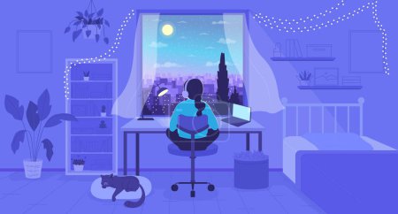 Illustration for Girl doing homework with music in headphones flat color vector illustration. Nighttime bedroom. Hero image. Fully editable 2D simple cartoon character with nighttime window on background - Royalty Free Image
