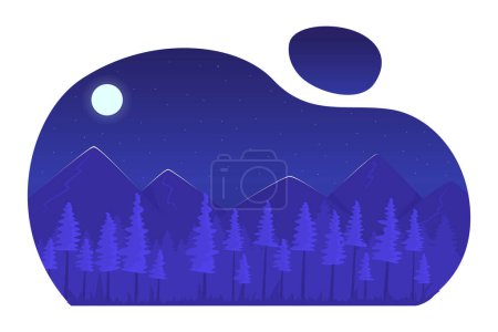 Illustration for Mountain forest illuminated by moonlight 2D vector isolated spot illustration. Nighttime nature flat landscape on cartoon background. Colorful editable scene for mobile, website, magazine - Royalty Free Image