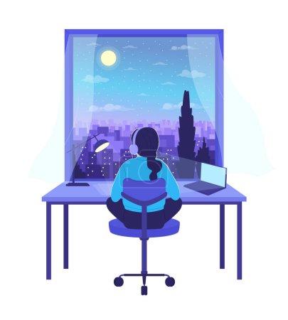 Illustration for Girl studying at nighttime with lo-fi music semi flat color vector character. Editable figure. Full body person on white. Simple cartoon style spot illustration for web graphic design and animation - Royalty Free Image