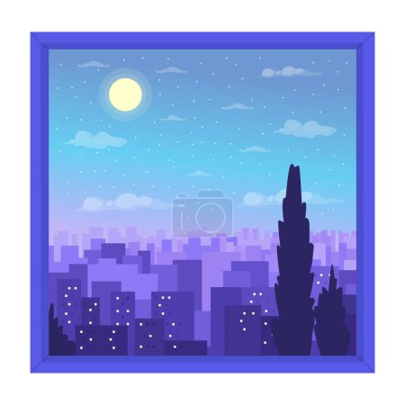 Téléchargez les illustrations : Vue du paysage urbain nocturne depuis l'icône vectorielle couleur semi-plate de la fenêtre. Objet modifiable. Élément pleine grandeur sur blanc. Illustration de spot de style dessin animé simple pour la conception graphique et l'animation web - en licence libre de droit