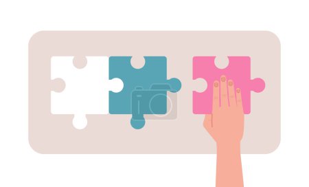 Illustration for Jigsaw puzzle pieces connecting flat concept vector spot illustration. Editable 2D cartoon character hand on white for web design. Putting parts together creative idea for website, mobile app - Royalty Free Image