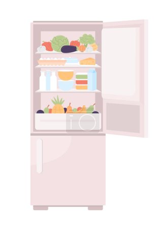 Illustration for Open refrigerator filled with healthy food semi flat color vector object. Editable icon. Full sized element on white. Simple cartoon style spot illustration for web graphic design and animation - Royalty Free Image