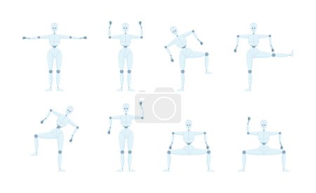 Téléchargez les illustrations : Humanoïde robot danse mouvements semi plat couleur vecteur personnage faisceau. Figurines complètes modifiables sur blanc. Paquet d'illustration spot de style dessin animé simple pour la conception graphique et l'animation web - en licence libre de droit