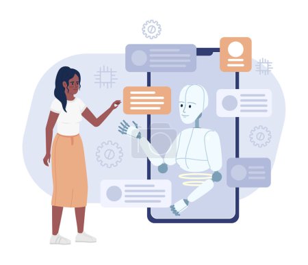 Illustration for AI assistant flat concept vector spot illustration. Editable 2D cartoon characters on white for web design. Woman using application with artificial intelligence creative idea for website, mobile app - Royalty Free Image