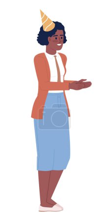 Illustration for Female company worker in cone party hat semi flat color vector character. Editable figure. Full body person on white. Simple cartoon style spot illustration for web graphic design and animation - Royalty Free Image