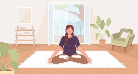 Illustration for Doing yoga during pregnancy flat color vector illustration. Relaxed pregnant woman sitting in lotus pose. Hero image. Fully editable 2D simple cartoon character with cozy living room on background - Royalty Free Image