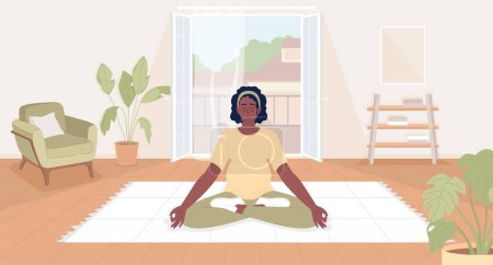 Illustration for Staying relaxed in pregnancy flat color vector illustration. Calm pregnant woman sitting in yoga pose. Hero image. Fully editable 2D simple cartoon character with cozy living room on background - Royalty Free Image