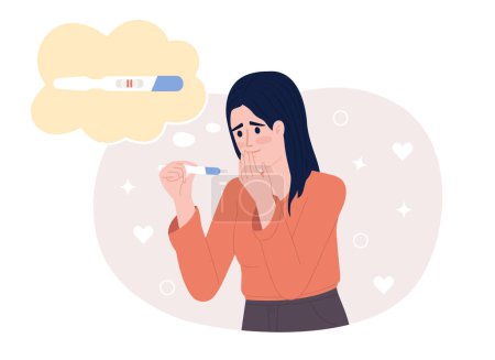 Illustration for Happy woman finds out positive result on pregnancy test 2D vector isolated spot illustration. Expectant lady flat character on cartoon background. Colorful editable scene for mobile, website, magazine - Royalty Free Image