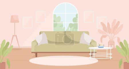 Illustration for Sage green and pink contemporary living room flat color vector illustration. Spacious modern house. Fully editable 2D simple cartoon interior with apartment furniture and accessories on background - Royalty Free Image