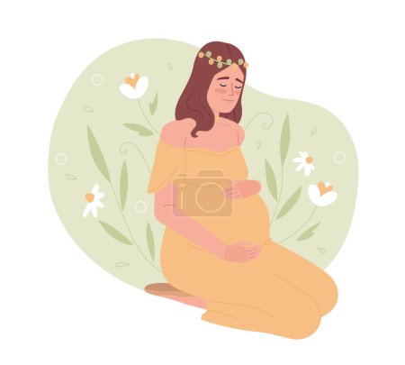 Illustration for Emotional support during pregnancy 2D vector isolated spot illustration. Pregnant lady with flower crown flat character on cartoon background. Colorful editable scene for mobile, website, magazine - Royalty Free Image
