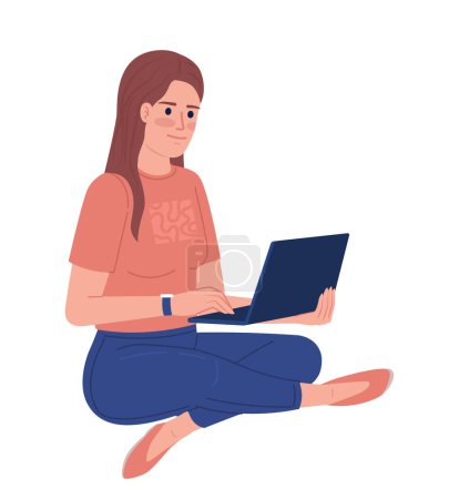 Illustration for Female freelancer sitting with laptop semi flat color vector character. Editable figure. Full body person on white. Simple cartoon style spot illustration for web graphic design and animation - Royalty Free Image