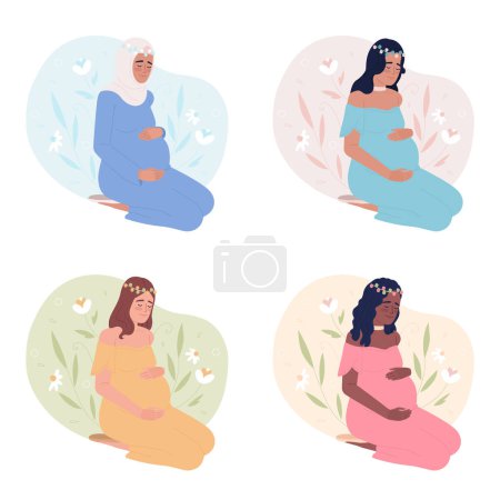 Illustration for Healthy child bearing 2D vector isolated spot illustration pack. Expectant mothers with flower crowns flat characters on cartoon background. Colorful editable scenes set for mobile, website, magazine - Royalty Free Image