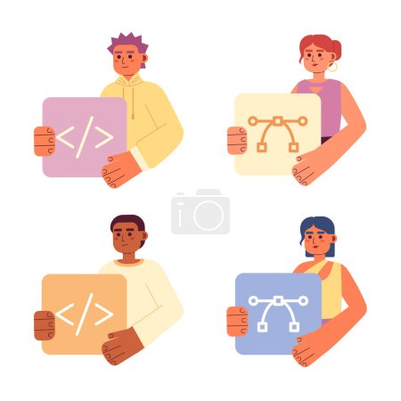 Illustration for Web development careers flat concept vector spot illustration pack. Editable 2D cartoon characters on white for web design. Programmers and designers creative ideas set for website, mobile, magazine - Royalty Free Image