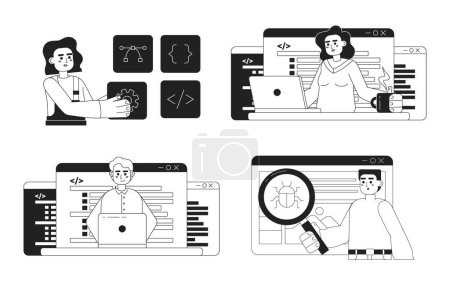 Illustration for Web development process black and white concept vector spot illustrations pack. Editable 2D flat monochrome cartoon characters for web design. Creative line art ideas set for website, mobile, blog - Royalty Free Image