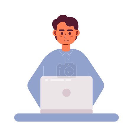 Illustration for Pleasant man working on laptop semi flat color vector character. Coder. Editable figure. Full body person on white. Simple cartoon style spot illustration for web graphic design and animation - Royalty Free Image