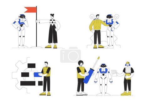 Ilustración de Desarrollo de tecnologías de inteligencia artificial concepto de línea vector spot illustration pack. Personajes de dibujos animados a color plano 2D editables en blanco para diseño web. Conjunto de ideas creativas para sitio web, móvil - Imagen libre de derechos