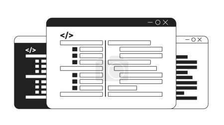 Illustration for Coding screens monochrome flat vector icon. Webpages with running codes. Editable full sized black and white elements. Simple thin line art spot illustration for web graphic design and animation - Royalty Free Image