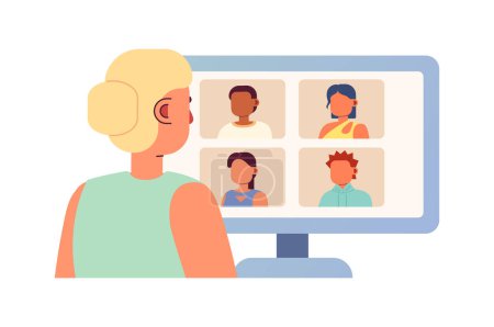 Illustration for Online meeting for remote workers 2D vector isolated spot illustration. Freelancer with colleagues virtually flat character on cartoon background. Colorful editable scene for mobile, website, magazine - Royalty Free Image