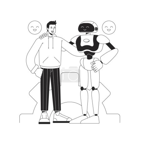 Ilustración de Inteligencia artificial en la vida cotidiana ilustración vectorial concepto blanco y negro. Personajes de dibujos animados planos 2D monocromáticos editables para el diseño web. Ayudar a la línea creativa idea de arte para el sitio web, móvil - Imagen libre de derechos