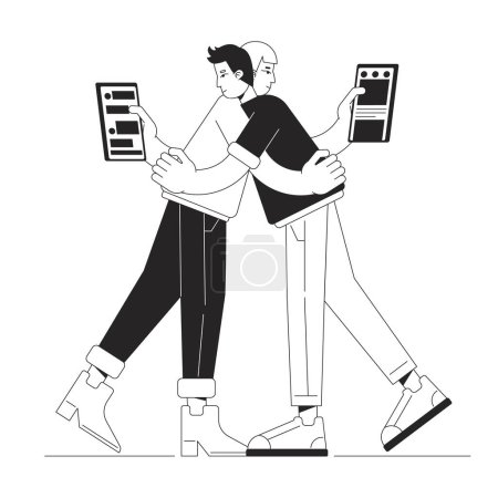 Illustration for Phubbing in relationship black and white concept vector spot illustration. Editable 2D flat monochrome cartoon characters for web design. No time for partner line art idea for website, mobile, blog - Royalty Free Image
