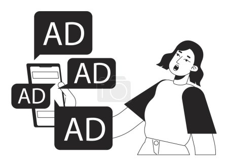 Illustration for Digital ads overload black and white concept vector spot illustration. Editable monochrome cartoon character for web design. Infoxication on internet line art idea for website. Myriad Pro font used - Royalty Free Image