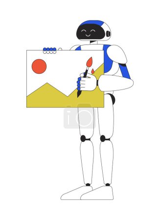Illustration for Satisfied humanoid robot with painting linear flat color vector character. Editable figure. Full body machine on white. Thin line cartoon style spot illustration for web graphic design and animation - Royalty Free Image