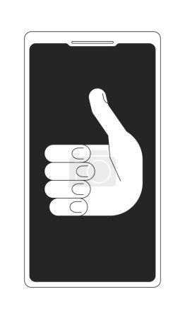 Illustration for Mobile phone screen with thumb up hand monochrome flat vector object. Editable black and white icon. Full sized element. Simple thin line art spot illustration for web graphic design and animation - Royalty Free Image