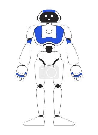 Téléchargez les illustrations : Robot humanoïde debout avec sourire linéaire couleur plate caractère vecteur. Figure modifiable. Machine complète du corps sur blanc. Illustration de spot de style dessin animé en ligne mince pour la conception graphique et l'animation web - en licence libre de droit