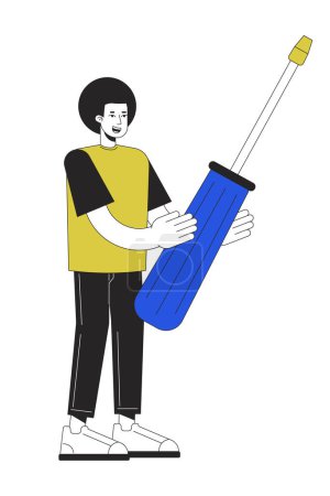 Illustration for Happy man holding screwdriver tool linear flat color vector character. Editable figure. Full body person on white. Thin line cartoon style spot illustration for web graphic design and animation - Royalty Free Image